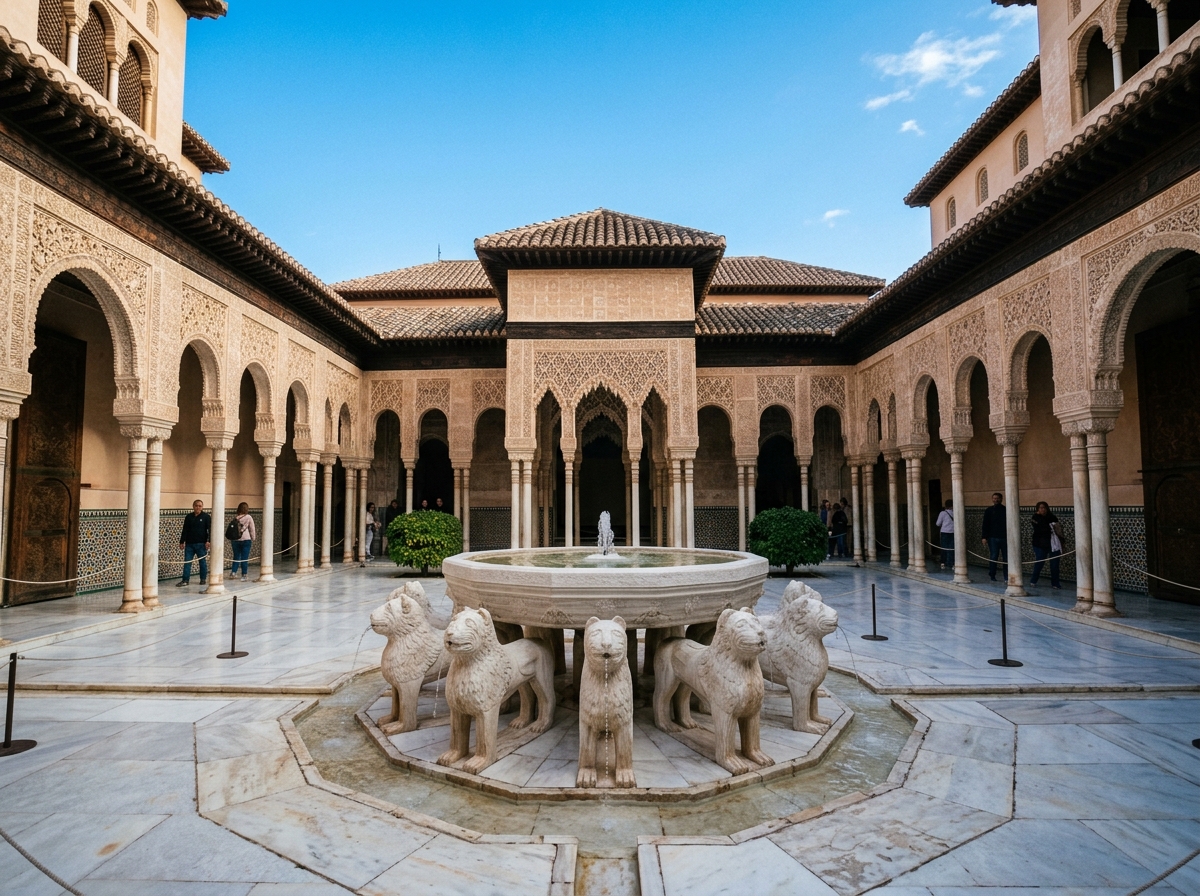 Intricate Moorish arches and marble fountain in the Court of the Lions inside the Nasrid Palaces at the Alhambra